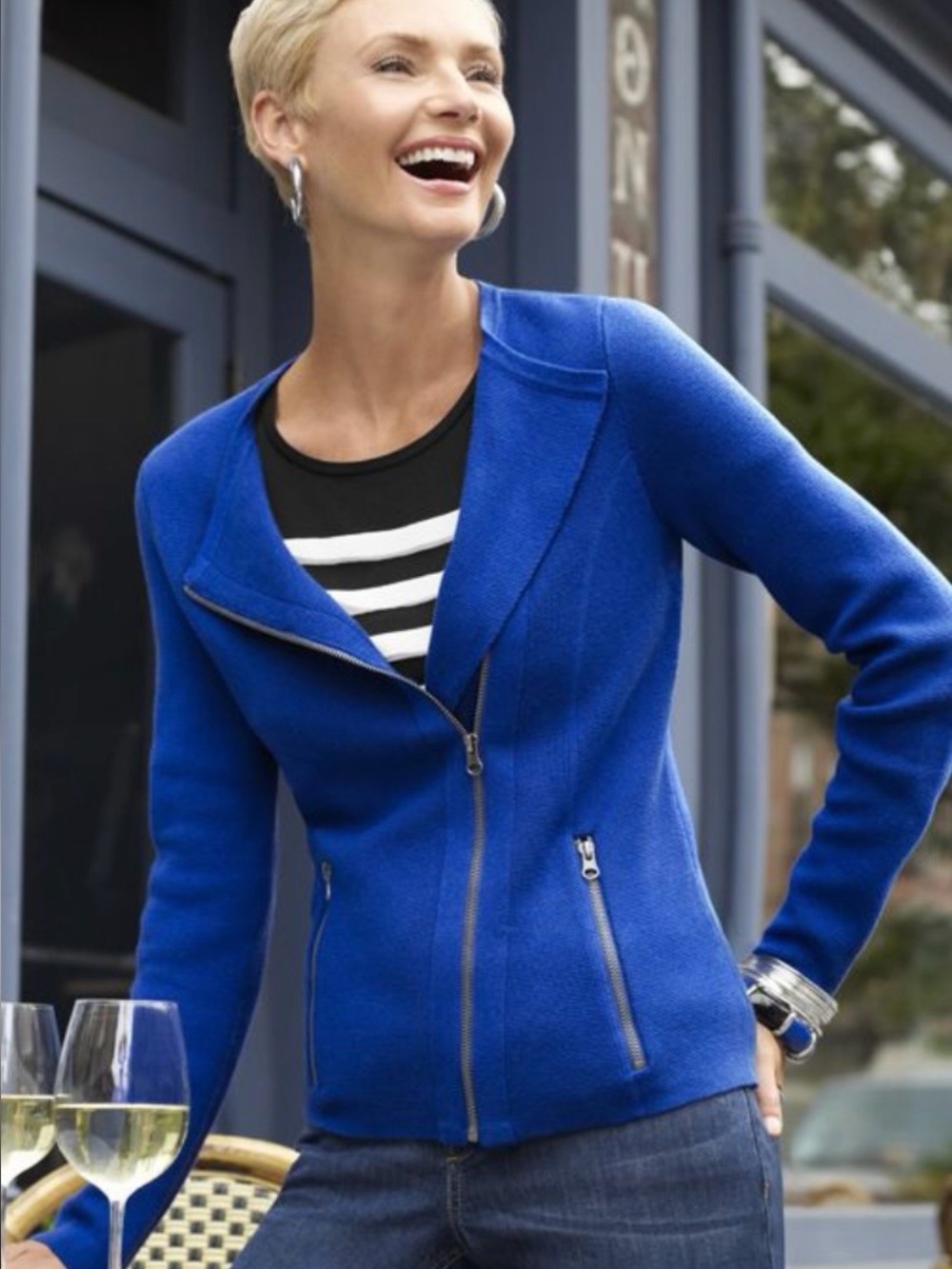 Chico's Sweater Jacket Size 1 Medium Blue Cotton Asymmetrical Full Zip Sweater